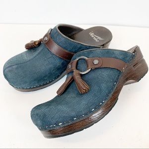 Dansko Shandi embossed nubuck leather clogs tassled
